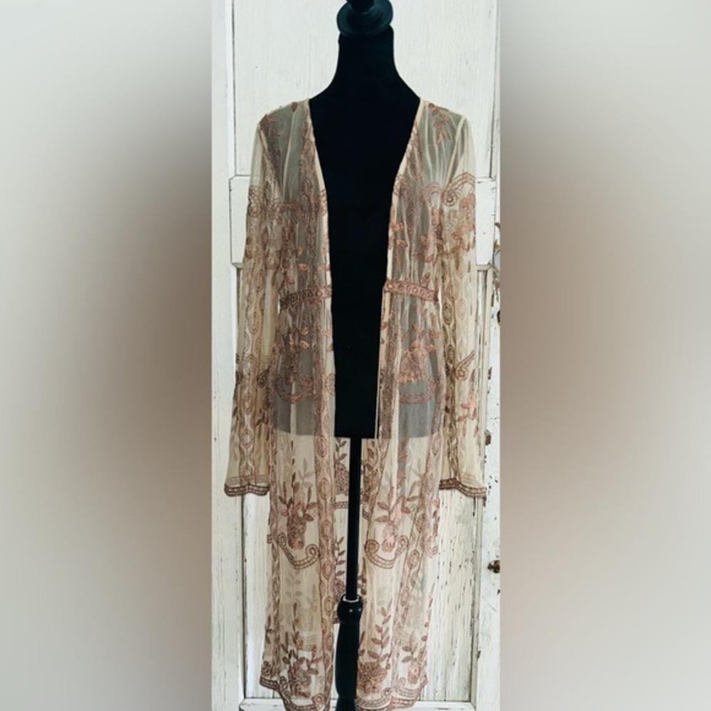 Romantic Boho Floral Embroidered Festival Mesh Ethereal Maxi‎ Kimono Duster - Picture 5 of 8
